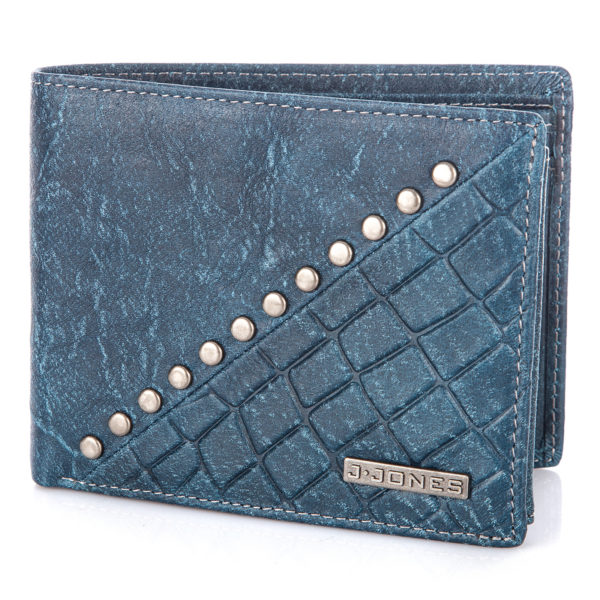 duży niebieski portfel męski skórzany z metalowymi ćwiekami J Jones