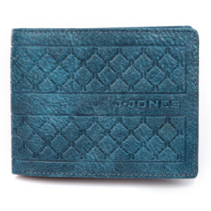 niebieski portfel męski skórzany z tłoczeniem J jones