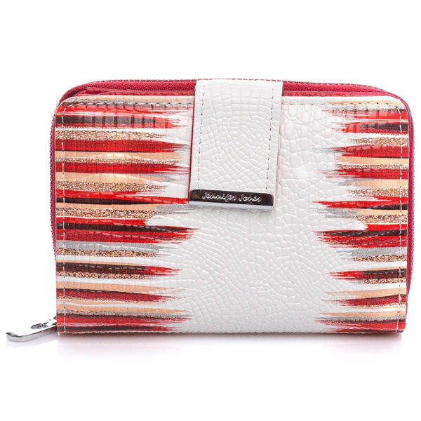 średni portfel damski lakierowany biały z czerwonymi paskami